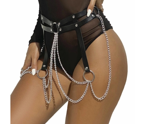 Subblime Black Leather Chain Belt - Adjustable with Metal Rings, One Size