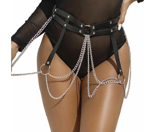 Subblime Black Leather Chain Belt - Adjustable with Metal Rings, One Size