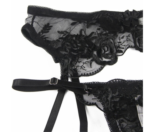Subblime 3-Piece Lingerie Set Black L/XL - Bra, Thong & Garter, Floral Print