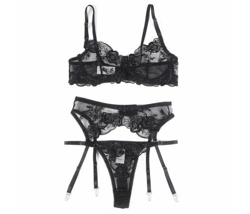 Subblime 3-Piece Lingerie Set Black L/XL - Bra, Thong & Garter, Floral Print