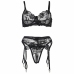 Subblime 3-Piece Lingerie Set Black L/XL - Bra, Thong & Garter, Floral Print