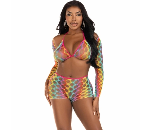 Leg Avenue Three-Piece Set Rainbow Mesh - Top, Bolero & Shorts, One Size