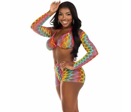 Leg Avenue Three-Piece Set Rainbow Mesh - Top, Bolero & Shorts, One Size