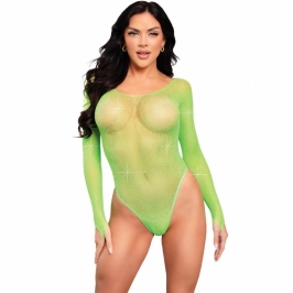 Leg Avenue Bodysuit Green - Crystalized Mesh Long Sleeve, One Size