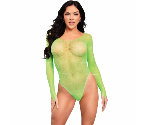 Leg Avenue Bodysuit Green - Crystalized Mesh Long Sleeve, One Size