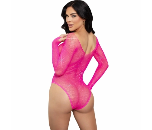 Leg Avenue Crystalized Bodysuit Fuchsia Mesh Long Sleeve One Size