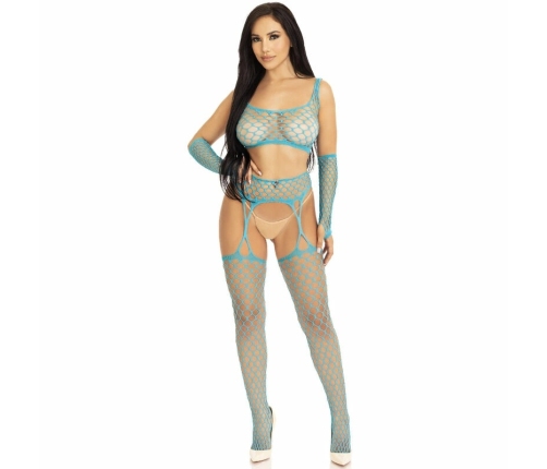 Leg Avenue Blue Mesh Crop Top, Garter Stockings & Gloves Set One Size