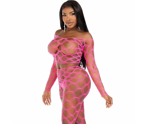 Leg Avenue Set - Fuchsia Fishnet Crop Top & Footless Leggings, One Size