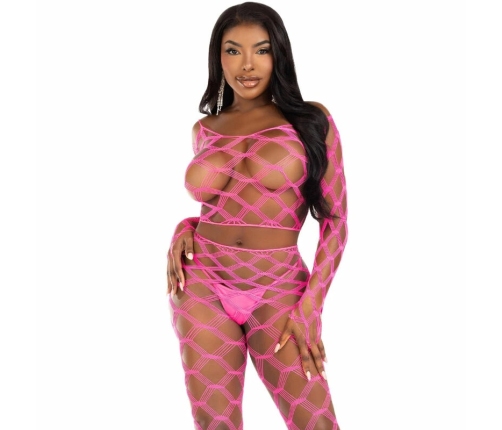 Leg Avenue Set - Fuchsia Fishnet Crop Top & Footless Leggings, One Size