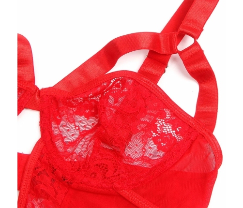 Subblime Red Teddy S/M - Lace Detail Bodysuit with Adjustable Garters