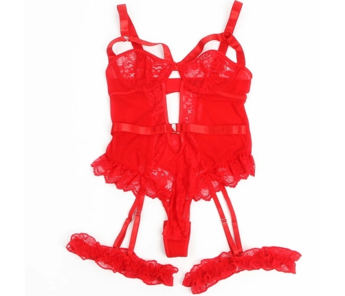 Subblime Teddy L/XL Red - Lace Garter Bodysuit with Strap Accents