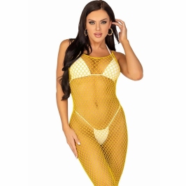 Leg Avenue Long Net Dress Yellow One Size - Stretch Mesh with Open Back