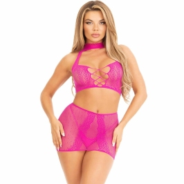 Leg Avenue Fuchsia Lace Halter Top & Mini Skirt Set, One Size Leg Avenue Fuchsia Lace Halter Top & Mini Skirt Set, One Size