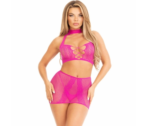 LEG AVENUE - TOP & FALDA DE ENCAJE ABIERTO FUCSIA