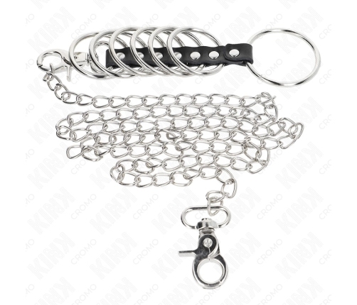 KINK Metal & Leather Ring System 7-Piece with 100cm Chain, Silver-Black