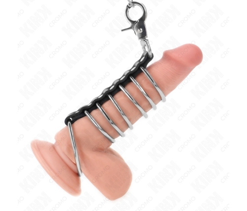 KINK Metal & Leather Ring System 7-Piece with 100cm Chain, Silver-Black