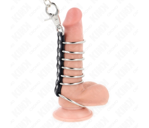 KINK Metal & Leather Ring System 7-Piece with 100cm Chain, Silver-Black