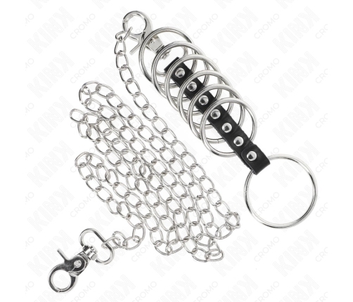 KINK Metal & Leather Ring System 7-Piece with 100cm Chain, Silver-Black