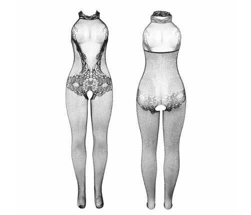 SUBBLIME - 951801 BODYSTOCKING CROTCHLESS DE REJILLA Y ENCAJE CON CUELLO ALTO NEGRO TALLA ÚNICA