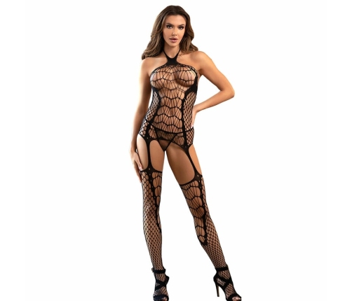 SUBBLIME - 952105 BODYSTOCKING CROTCHLESS DE REJILLA CON CUELLO HALTER Y ESPALDA ABIERTA NEGRO TALLA ÚNICA
