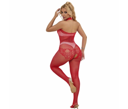 Subblime 952372 High Neck Red Fishnet & Lace Bodystocking One Size