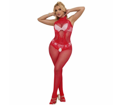 Subblime 952372 High Neck Red Fishnet & Lace Bodystocking One Size