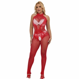Subblime 952372 High Neck Red Fishnet & Lace Bodystocking One Size