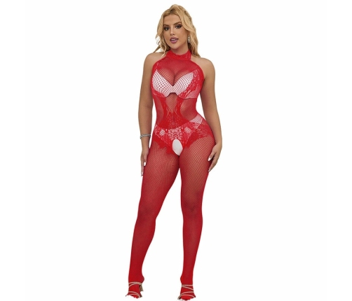 Subblime 952372 High Neck Red Fishnet & Lace Bodystocking One Size