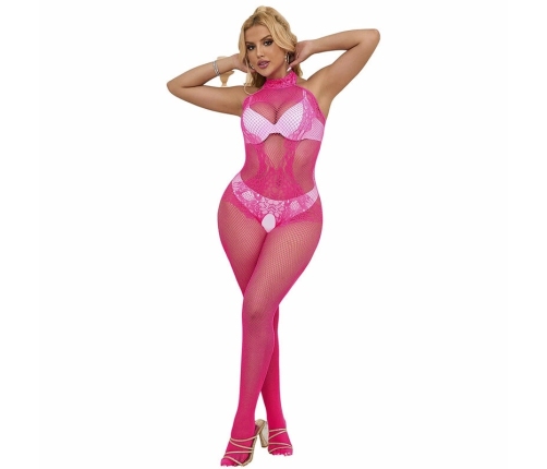 Subblime 952389 Pink Fishnet High Neck Lace Bodysuit One Size