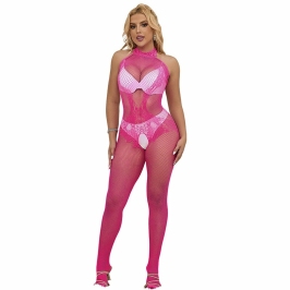 Subblime 952389 Pink Fishnet High Neck Lace Bodysuit One Size