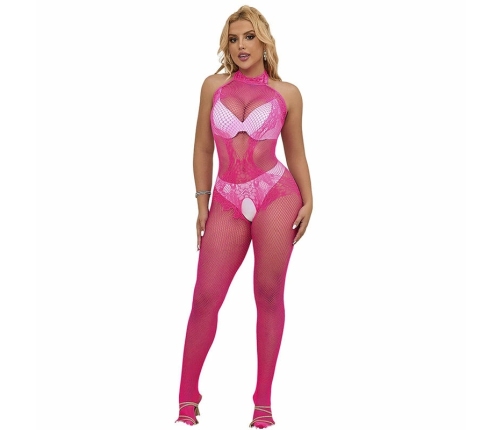 Subblime 952389 Pink Fishnet High Neck Lace Bodysuit One Size