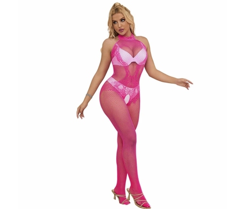 Subblime 952389 Pink Fishnet High Neck Lace Bodysuit One Size