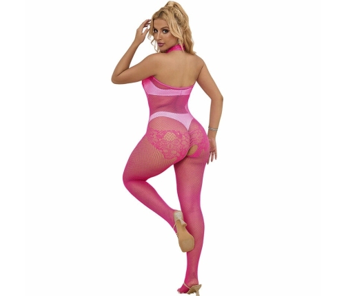 Subblime 952389 Pink Fishnet High Neck Lace Bodysuit One Size