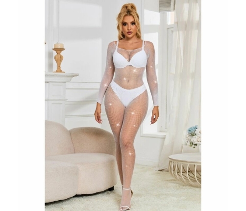 Subblime 952396 White Mesh Bodystocking with Rhinestone Accents One Size