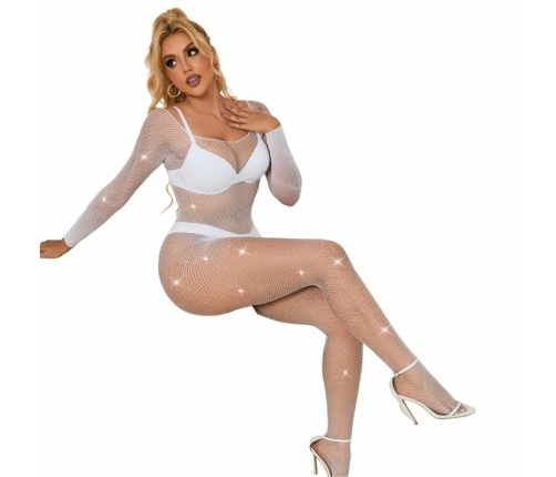 Subblime 952396 White Mesh Bodystocking with Rhinestone Accents One Size