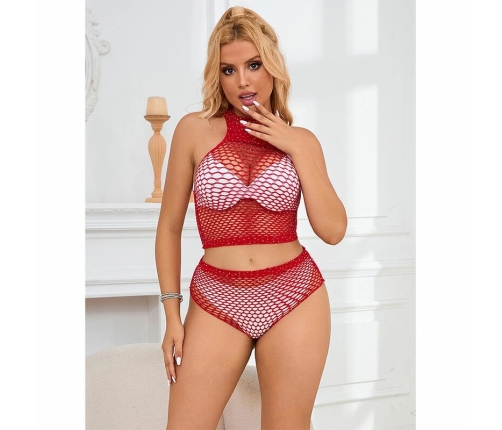 Subblime 952402 Two-Piece Fishnet Set with Pink Rhinestones, One Size