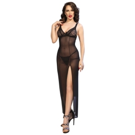 Chilirose CR 4723 Elegant Long Black Lace Nightgown & Thong Set M