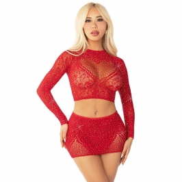 Leg Avenue Set - Shiny Red Mesh Crop Top & Mini Skirt, Heart Motif