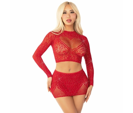 Leg Avenue Set - Shiny Red Mesh Crop Top & Mini Skirt, Heart Motif