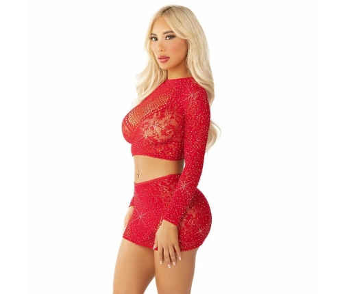 Leg Avenue Set - Shiny Red Mesh Crop Top & Mini Skirt, Heart Motif