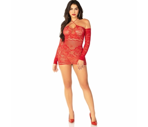 Leg Avenue Mesh Mini Dress Red Off-Shoulder Long Sleeve Model 5739