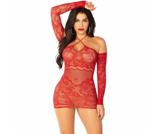 Leg Avenue Mesh Mini Dress Red Off-Shoulder Long Sleeve Model 5739