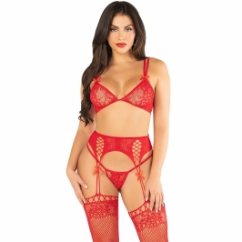 Leg Avenue Red Fishnet Bra, Thong & Stockings Set One Size