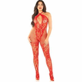 Leg Avenue Red Flower Mesh Bodystocking - One Size, Floral Print