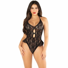 Leg Avenue Black Bodysuit with Bow & Ruffle Accents, One Size