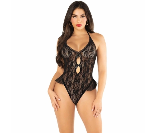 Leg Avenue Black Bodysuit with Bow & Ruffle Accents, One Size