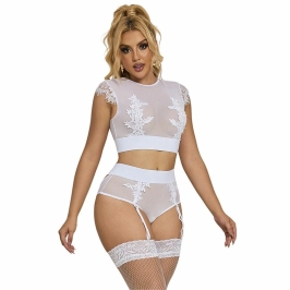 Subblime 954048 White L/XL Lingerie Set with Bra, Panties & Garter Belt