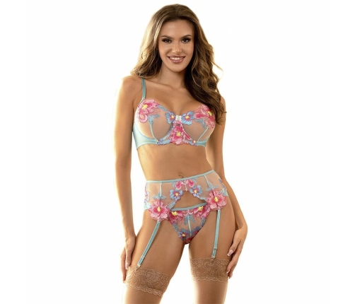 Subblime 954109 Blue Lingerie Set with Garter Belt, Floral S/M
