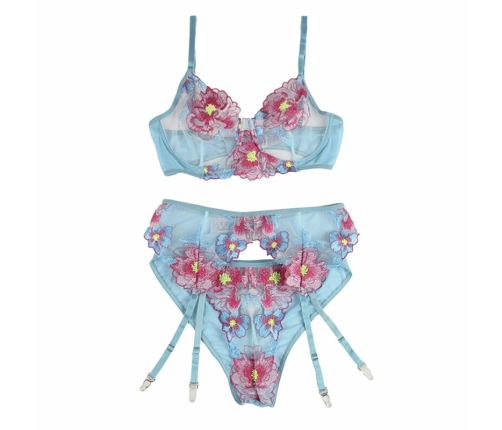 Subblime 954116 Blue L/XL Lingerie Set with Garter Belt & Floral Pattern