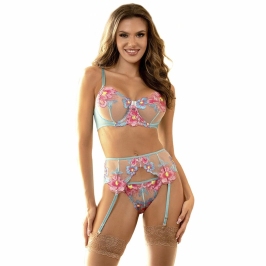 Subblime 954116 Blue L/XL Lingerie Set with Garter Belt & Floral Pattern